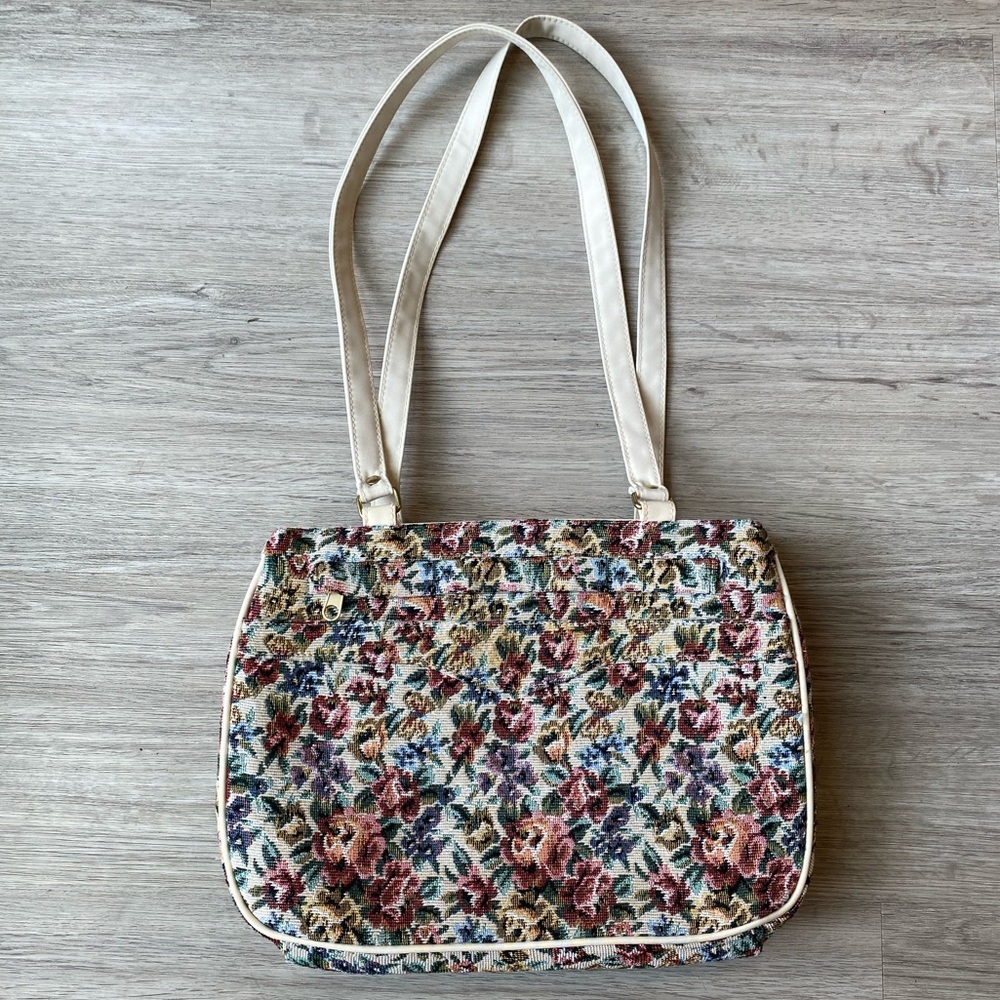 VINTAGE Ivory Tapestry Multicoloured Floral Print Canvas Large Shoulder Bag